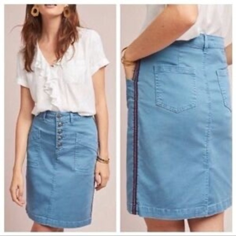 Pilcro Utility Skirt Blue‎ Women Size 6 Button Fly Stripe Pockets Stretch Denim